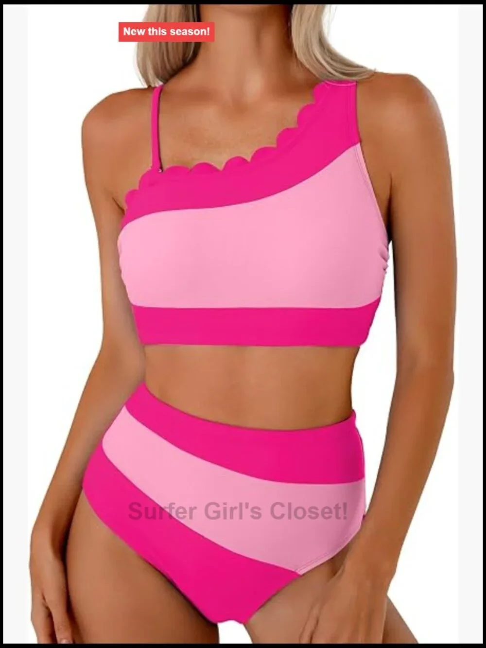 One Shoulder Color Block High Waisted Bikini Set Petal Edges Swimsuit